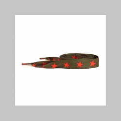 ploché širšie šnúrky do topánok farba olivová s motívom červená hviezda, dĺžka 110cm šírka 1,9cm materiál:100%polyester